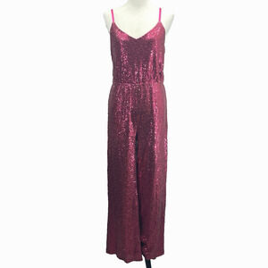 Fanco Womens L Sparkling Pink Sequin Full Length Vneck Jumpsuit Wide Leg Party